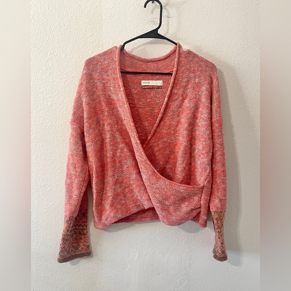 Anthropologie by Pilcro Fair Isle Wrap Boho Sweater | Coral Pink | Size Medium - Picture 2 of 5